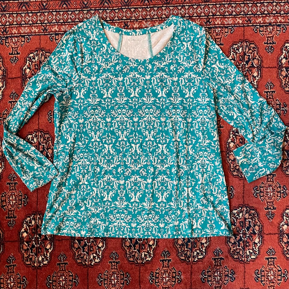 Kim Rogers L Aqua Floral Print Long‎ Sleeve Stretch Knit Top